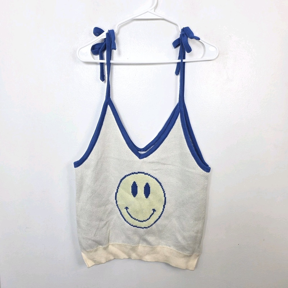 Miss Sparkling Cream Blue Smiley Face Summer Cute Happy Knit Tank Top Size L